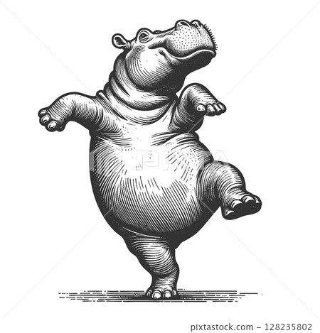 Dancing Hippopotamus engraving raster illustration 128235802