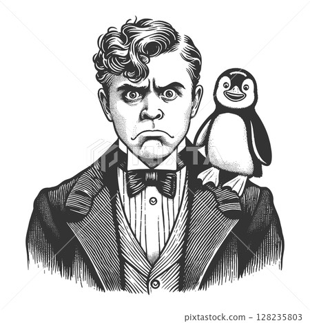 Man with Penguin engraving vector illustration 128235803