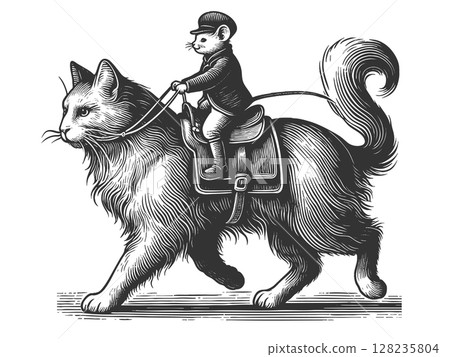 Mouse Riding a Cat engraving vector illustration 128235804