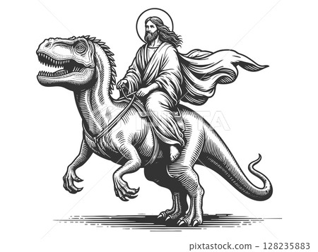 Jesus Riding Dinosaur engraving sketch vector Jesus Riding Dinosaur engraving sketch vector 128235883