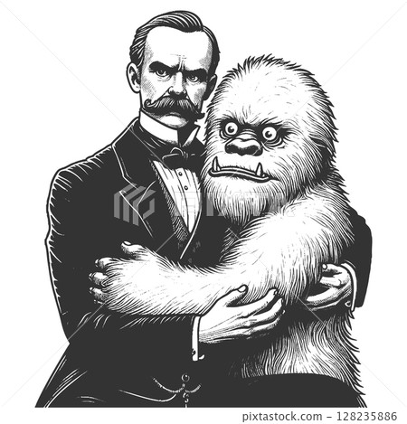 Gentleman Hugging Yeti Furry Monster vector 128235886