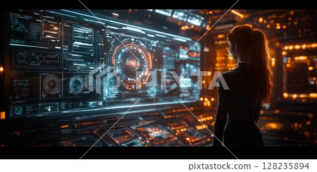 Futuristic concept of a virtual workspace, showing holographic screens, collaborative avatars, and a seamless blend of physical and digital elements 128235894