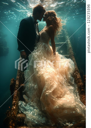a bride and groom floating above an underwater shipwreck 128235896