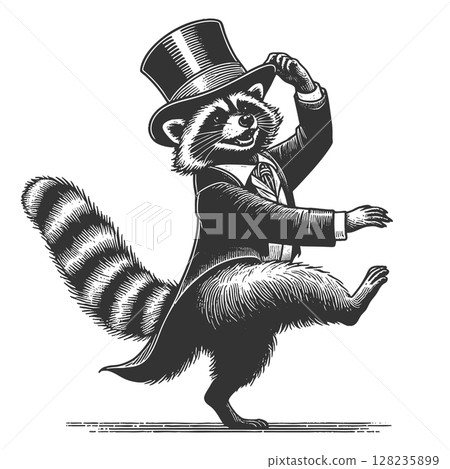 Dancing Raccoon in Top Hat raster illustration 128235899