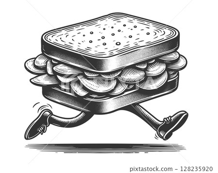 Funny Running Sandwich engraving sketch vector Funny Running Sandwich engraving sketch vector 128235920
