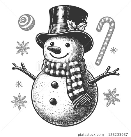 Snowman with Fireworks and Holiday Decor vector 128235987