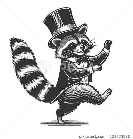 Dancing Raccoon in Top Hat raster illustration 128235988