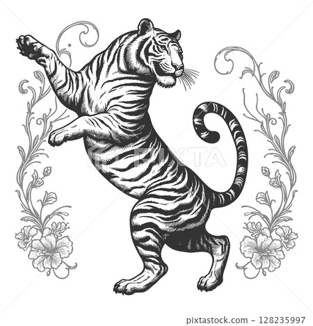 Dancing Tiger engraving sketch vector illustration Dancing Tiger engraving sketch vector illustration 128235997