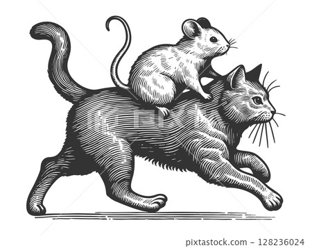 Mouse Riding a Cat engraving vector illustration 128236024
