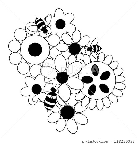 Flowers and honey bees composition. Vector graphic line illustration. Banner, poster, wrapping paper, sticker, print, modern textile design. poster, invitation, backdrop, ad, sale Flowers and honey bees composition. Vector graphic line illustration. Banner, poster, wrapping paper, sticker, print, modern textile design. poster, invitation, backdrop, ad, sale 128236055