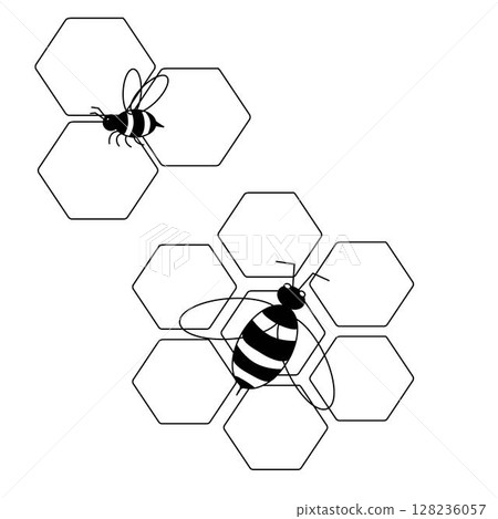 Beehive honeycomb with hexagon grid cells and bee composition. Vector graphic line illustration. Perfect for cards, decorations, stickers, logo, menu, various designs. 128236057