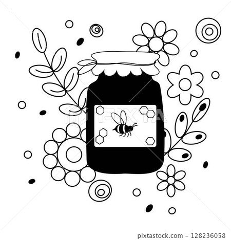 Honey jar in flowers and leaves composition. Vector graphic line illustration. vintage vector drawing on the theme of honey, beekeeping. honey, honeycombs, bees. 128236058