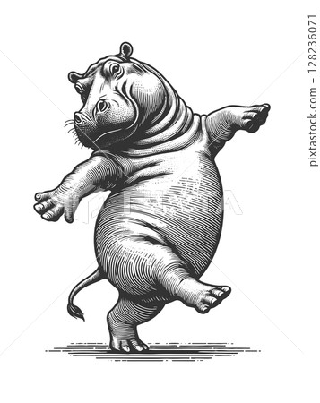 Dancing Hippopotamus engraving vector illustration 128236071