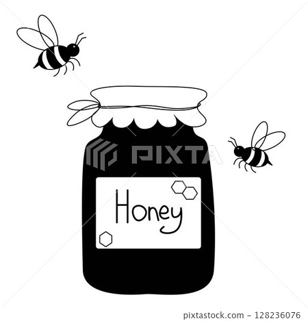 Honey jar and bees composition. Vector graphic line illustration. Silhouette sign for logo, print, comics, fashion, pop art, boards, design, stickers, decoration, posters 128236076