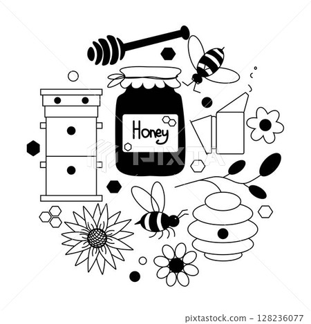Honey cartoon doodle objects, symbols and items. Round composition. Vector graphic line illustration. Banner, poster, wrapping paper, sticker, print, modern textile design. 128236077