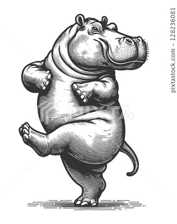 Dancing Hippopotamus engraving vector illustration 128236081
