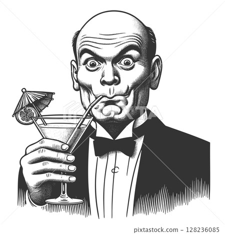 Funny Bald Man Sipping Cocktail vector 128236085