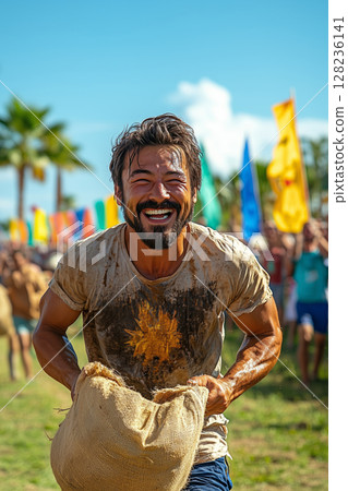 traditional Sabantuy games, men competing in a sack race in a green field, festive flags and cheering spectators in the background 128236141