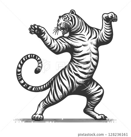 Dancing Tiger engraving sketch raster illustration 128236161