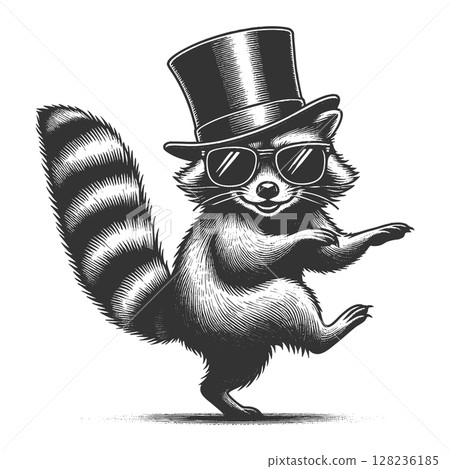 Dancing Raccoon in Top Hat and Sunglasses vector 128236185