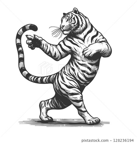 Dancing Tiger engraving sketch vector illustration Dancing Tiger engraving sketch vector illustration 128236194