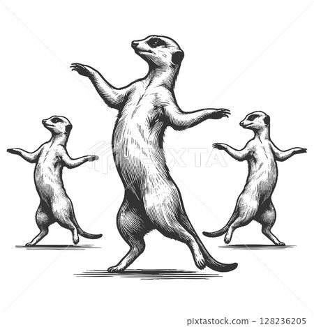 Dancing Meerkats engraving vector illustration Dancing Meerkats engraving vector illustration 128236205