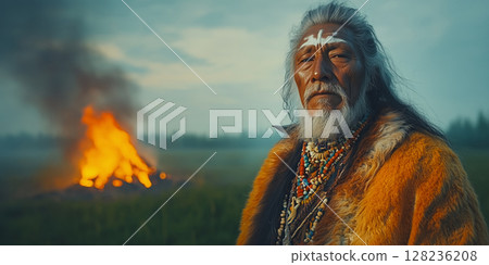 a traditional Yakut shaman performing a ritual at Ysyakh, dressed in ceremonial attire, standing in a green field with a bonfire in the background 128236208