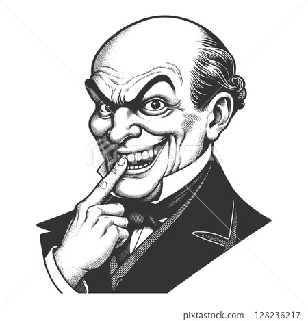 Mischievous Bald Man Smiling with Finger Gesture 128236217