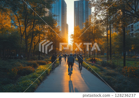 a vibrant urban park with a dedicated bike lane winding through green spaces, people cycling and walking, modern city skyline in the background, bright natural light a vibrant urban park with a dedicated bike lane winding through green spaces, people cycling and walking, modern city skyline in the background, bright natural light 128236237