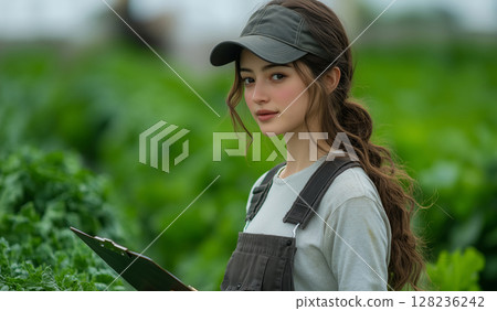 a woman standing confidently in the middle of a vegetable farm, holding a clipboard and giving instructions to workers, surrounded by lush greenery and farm tools, bright natural daylight 128236242