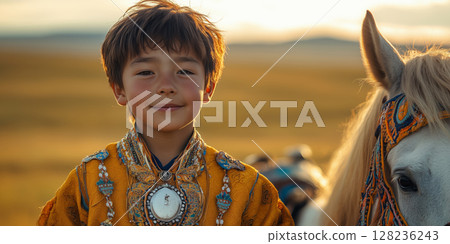 a young boy in traditional Naadam attire leading a decorated horse 128236243
