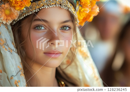 a young girl participating in a coming of age ceremony, wearing traditional clothing 128236245