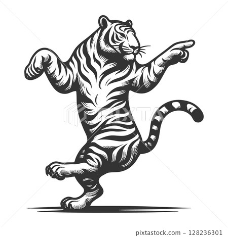 Dancing Tiger engraving sketch raster illustration Dancing Tiger engraving sketch raster illustration 128236301