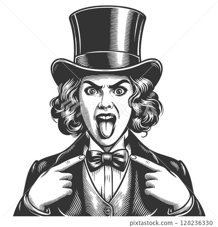 Playful Woman in Top Hat Sticking Out Tongue 128236330