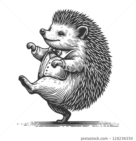 Dancing Hedgehog engraving sketch vector illustration 128236350
