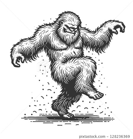Dancing Yeti engraving sketch vector illustration Dancing Yeti engraving sketch vector illustration 128236369
