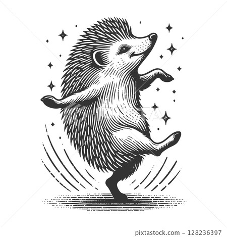 Dancing Hedgehog engraving sketch vector illustration 128236397