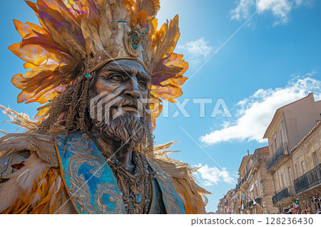 a giant parade figure towering over a crowd during the Festival of the Giants, colorful costumes and historical decorations, with a bright summer sky overhead 128236430