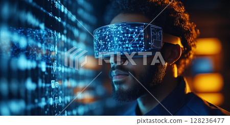 a scientist using an AR headset in a high tech lab, surrounded by holographic molecular structures 128236477