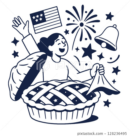 Celebrate with coloring art featuring joyful person emerging from pie with fireworks 128236495