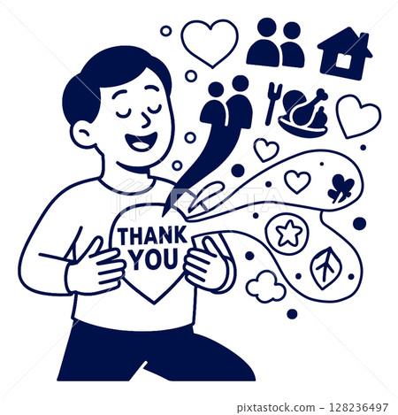 Coloring line art featuring joyful character expressing gratitude with hearts and symbols 128236497