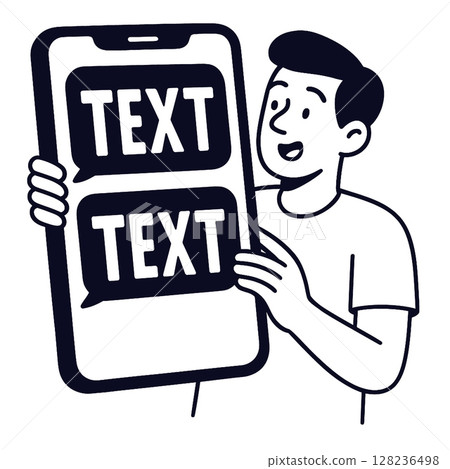 Coloring line art showcases person holding phone displaying text messages with joy 128236498