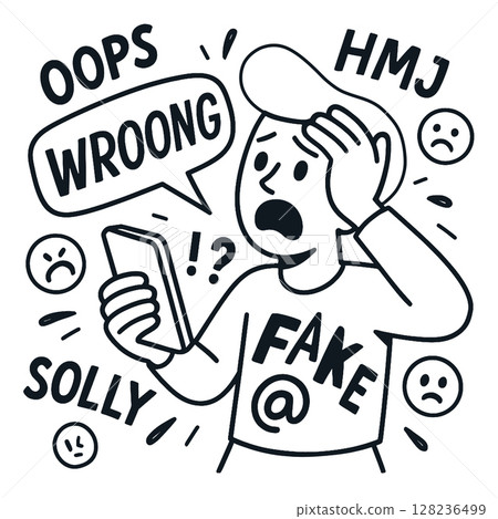 Coloring line art depicting shocked person holding phone expressing regret and confusion Coloring line art depicting shocked person holding phone expressing regret and confusion 128236499