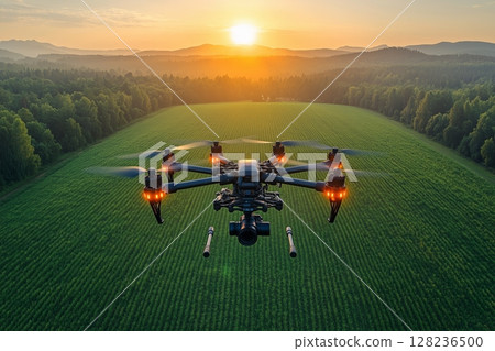 a drone flying over a large green field, capturing data for precision farming 128236500