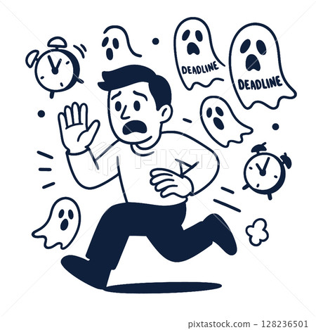 Coloring line art depicting man running from deadline ghosts with clocks, expressing urgency Coloring line art depicting man running from deadline ghosts with clocks, expressing urgency 128236501