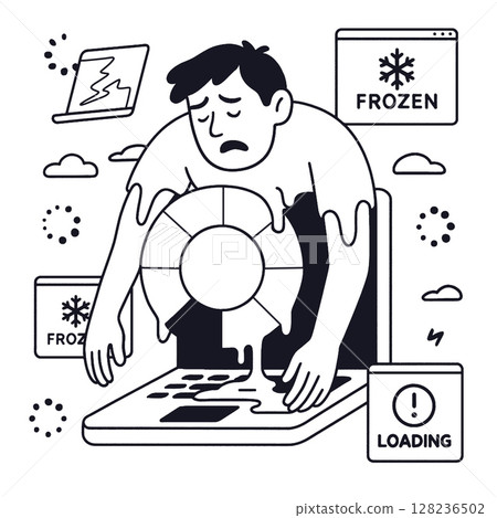 Person struggles with frozen computer, expressing frustration through coloring and line art Person struggles with frozen computer, expressing frustration through coloring and line art 128236502
