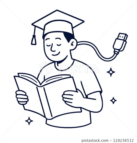 Coloring line art of student reading book with graduation cap and USB connection symbolizes Coloring line art of student reading book with graduation cap and USB connection symbolizes 128236512