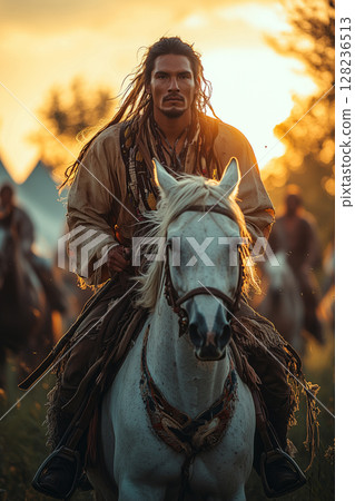 a horse rider performing during Sabantuy, wearing traditional attire, galloping through a field surrounded by decorated tents, dramatic sunlight highlighting the dynamic moment 128236513