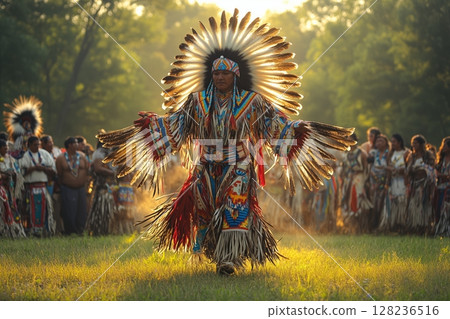 a Native American powwow, with dancers in intricate feathered regalia performing in a circle, spectators in the background, bright daylight 128236516