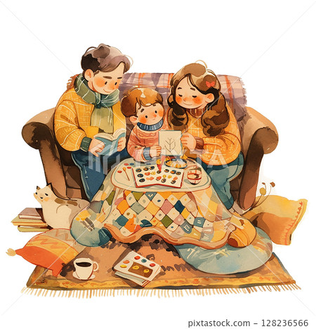 Family enjoys creative time together at home on a cozy afternoon in a colorful living room 128236566